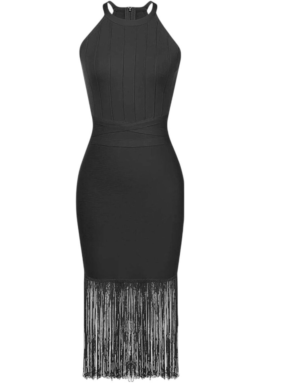 Black Fringe Hem Wrap Waist Halter Bandage Bodycon Midi Dress - Picture 6 of 9